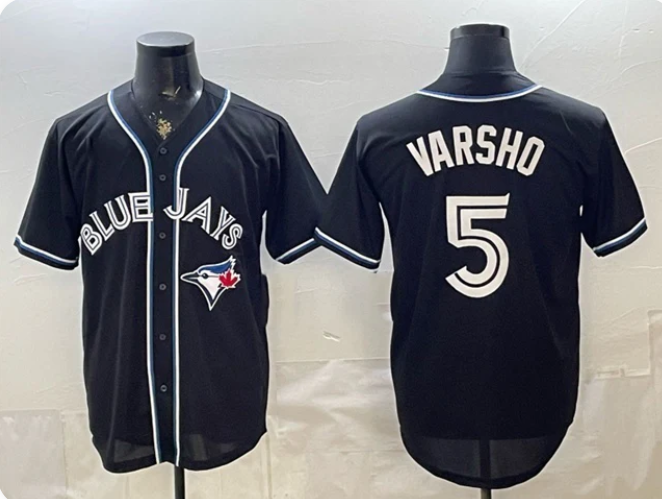 Men's Toronto Blue Jays Daulton Varsho #5 2026 Fashion Replica Black Stitched Jersey