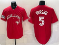 Men's Toronto Blue Jays Daulton Varsho #5 Red 50 Seasons Patch Stitched Jersey