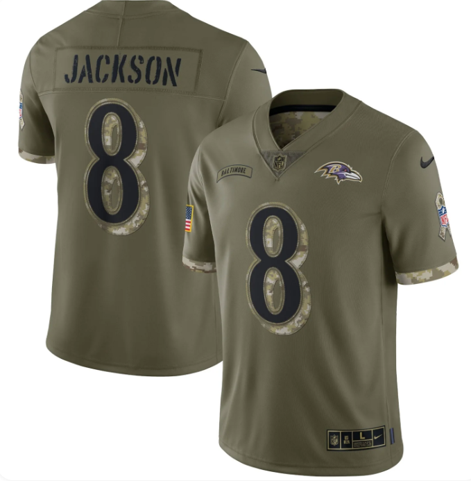 Lamar Jackson #8 Baltimore Ravens Olive Nike 2022 Salute to Service Limited Jersey